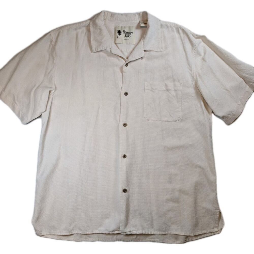 Vintage Silk Hawaiian Button Up Shirt Mens XL Beige Textured Camp